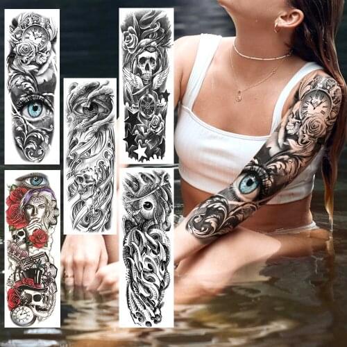 3D Evil Eye Temporary Full Flower Arm Tattoos For Men Women Realistic Fake Tattoo Sticker Water Transfer Tatoos DIY Body Leg Art
