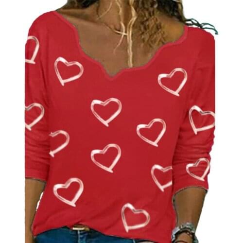 Spring T shirt Women Irregular V Neck Gold Stamping Heart Shape Print Long Sleeve Summer Pullover Top Work T-shirts