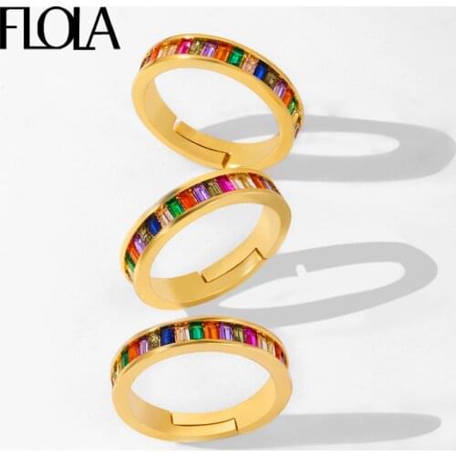 FLOLA Gold Filled Rainbow Rings For Women Crystal Pave Resizable Rings Adjustable Statement Jewelry anillos de circonita rigj27