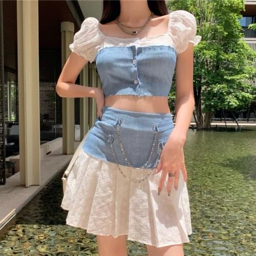 New Summer Sweet Patchwork Denim Two Piece Set Women Puff Sleeve Shirt Blouse Single Breasted Tops + Pleated Mini Skirts Suits