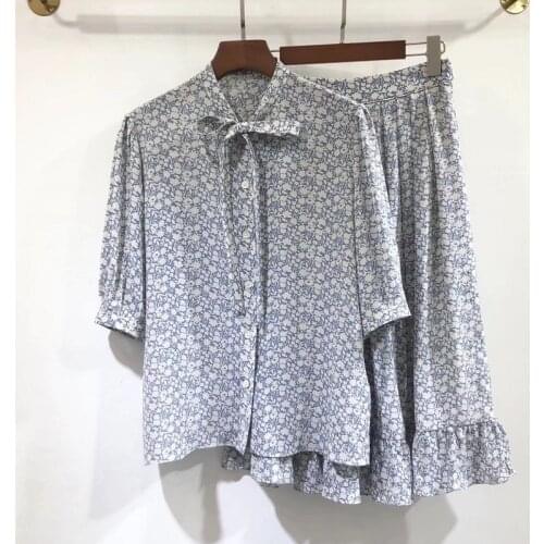 Top Quality Womens Set 2021 Summer Skirt Suits Women Bow Collar Vintage Floral Print Tops Shirt+Ruffle Deco Mid-Calf Skirt Sets