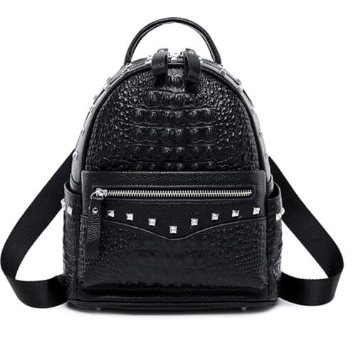2019 Crocodile Cow Leather Stripes Women Backpack 2 Size Young Girl Teenage School Bag Rivet Design Brand Laptop Black Bagpack
