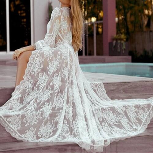 Women Lace Hollow Crochet Swimwear Bikini Cover Up Maxi Long Beach Dress Sarongs Kaftan Saida de Praia Robe de Plage Kaftan
