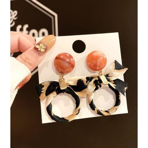 2020 literary fan lace leopard print South Korea Dongdaemun autumn and winter new earrings net red female earrings