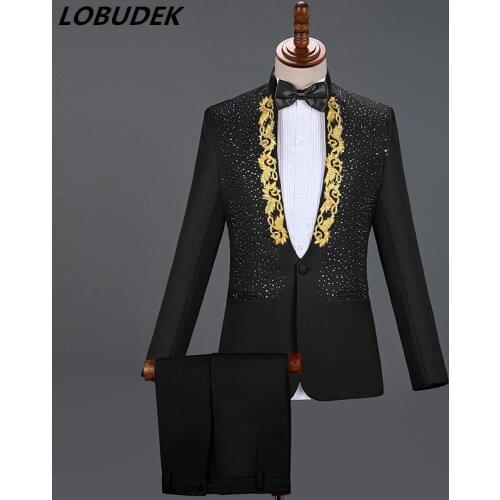 Sparkly Crystals Blazers Embroidery Mens Suits Formal Chorus Dress Singer Host Concert Stage Outfits Nightclub Clothing Costume