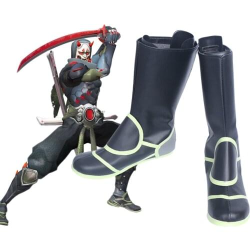 Game OW Oni Genji Skin Ninja Cosply Boots Black Shoes Custom Made Any Size Unisex