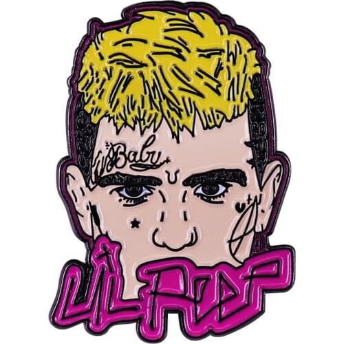 Lil Peep Brooch Handsome rapper Head with yellow hair Badge Cute Face with tatoo Enamel Pin Purple Name Logo Accessory