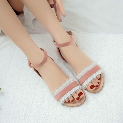 COOLULU Women Sweet Lace Sandals Open Toe Flats Shoes Sandals Ankle Strap Ladies Summer Shoes Pink Sandals Shoes Size 33-43