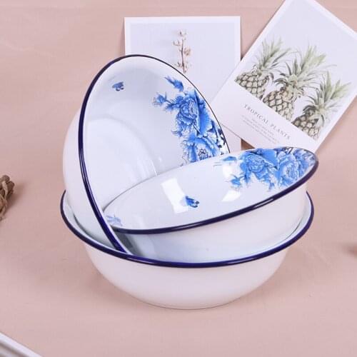 6 Sizes Enamel Bowls Chinese Traditional Blue And White Pattern Thick Fruit Washbin Home Restaurant Food Container Soup Pots