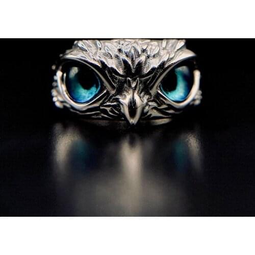 Ancient Silver Color Blue Eyes Owl Open Ring For Women Hiphop Gothic Crystal Eye Owls Adjustable Rings Vintage Men Jewelry A985