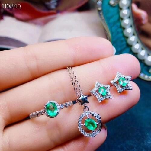 Natural green emerald Ring Pendant Earrings Natural Gemstone Jewelry Set S925 Silver Fashion round Stars Women party jewelry