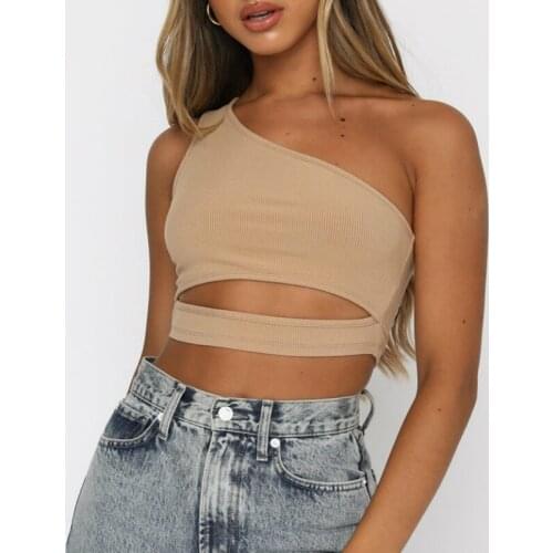 Musuos Sexy Tees Female Summer Solid Single Shoulder Backless Slim Crop Top Women Hollow Sleeveless Vest Tank Tops Street Club
