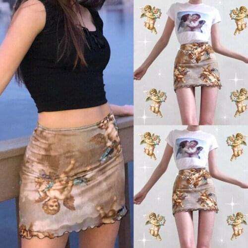Fashion Casual Angel Print Women Sexy Stretch Slim Party Mesh Short Mini Skirt Pencil Tight Skirts High Street Clubwear