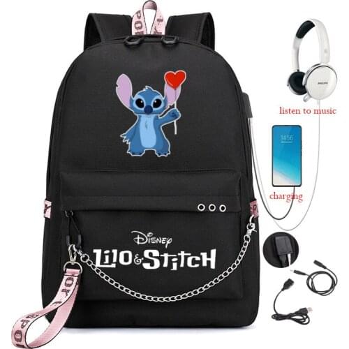 Stitch Backpack Men Women USB Charge Knapsack Boys Girls Kids Cartoon Rucksack Students School Bags