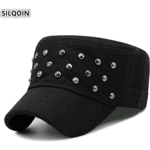 SILOQIN Novelty Mens Flat Cap Thicken Woolen Army Military Hat 2020 New Autumn Winter Womens Hats Handmade Rivet Brands Caps