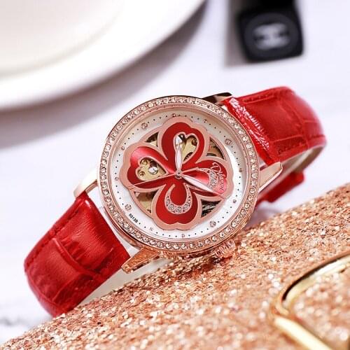 New Womens Automatic Watch Luxury Brand Mechanical Waterproof Genuine Leather Fashion four-leaf clovers Lucky Gift Wristwatch