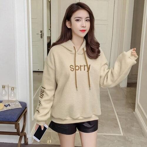 Autumn Warm Thick Wool Hoodies Women Loose Casual Sweatshirt Embroidery Letter Hoodies Korean Fashion Winter Clothes New 2021