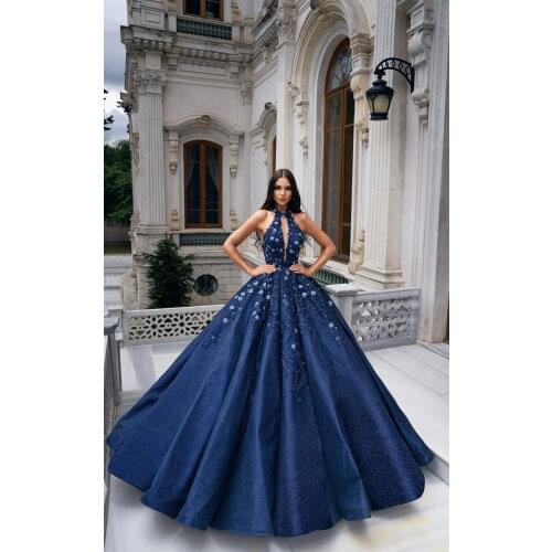 Navy Blue Keyhole Neck Prom Dress Lace Appliqued Beaded African Ball Gown Women Formal Evening Gowns