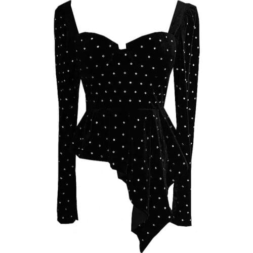 Sexy Shirt Women 2021 Spring Autumn New Off Rhinestone Velvet Top Ladiesslim Fit Crop Top Rhinestone Mesh Top