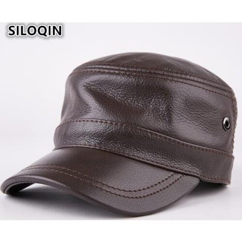 SILOQIN Genuine Leather Hat Winter Man Leisure Military Hats First Layer Cowhide Comfortable Keep Warm Flat Cap Adjustable Size