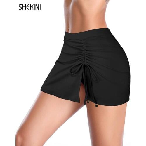 SHEKINI Womens Elastic Mid Waist Swim Skirt Side Pull Tie Bikini Bottom with Briefs Solid Ruched Short Skirt Beach Swimsuit