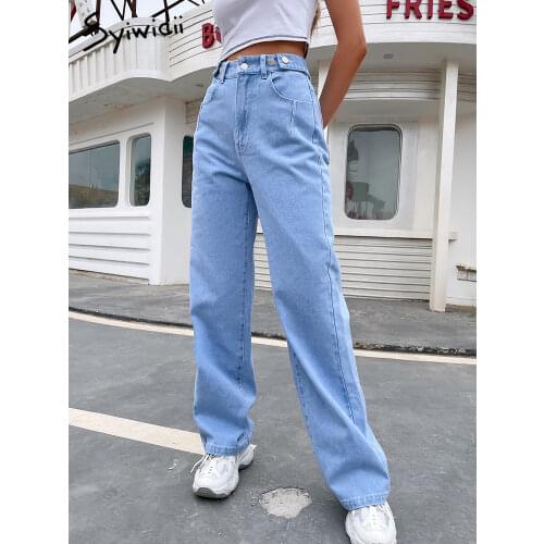 Syiwidii High Waisted Baggy Jeans for Women Button Adjust Vintage Loose Demin Pants Full Length xs Straight Wide Leg Jeans 2021