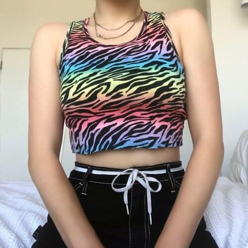 Y2k aesthetic Zebra Pattern Tank Tops 2020 Sleeveless O Neck Ribbed Crop Tops Vintage Party Vest Cropped Feminino Streetwear
