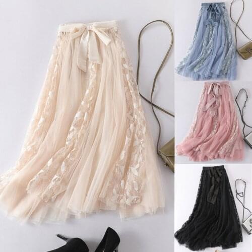 Women Fashion Florals Print Long Skirt Female Women Spring Summer Elastic High Waist Long Mesh Skirt Tutu Maxi Pleated