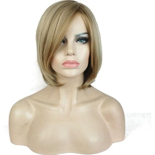 StrongBeauty Women Natural Blonde Mix Highlights Short Straight Bob Wig Synthesis Wigs