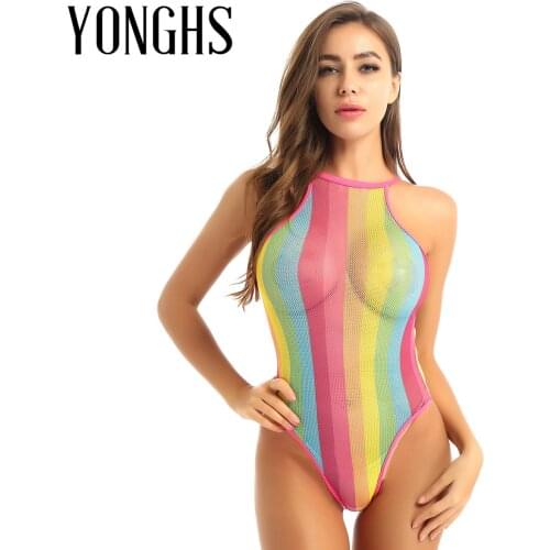Womens Pole Dance Rave Bodysuit Rainbow Striped Fishnet Swimsuit Bikini See Through Mesh Bodysuit Beachwear for Dance Festivals