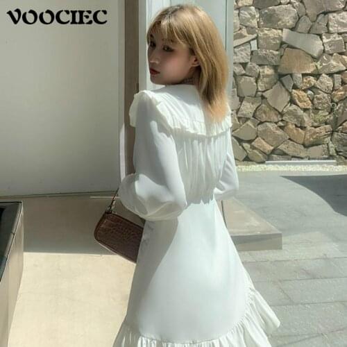 VOOCIEC Autumn Women Elegant Fairy Dress Women Sexy Party Mini Dress Office Lady Long Sleeve Casual Korean Chiffon Dress