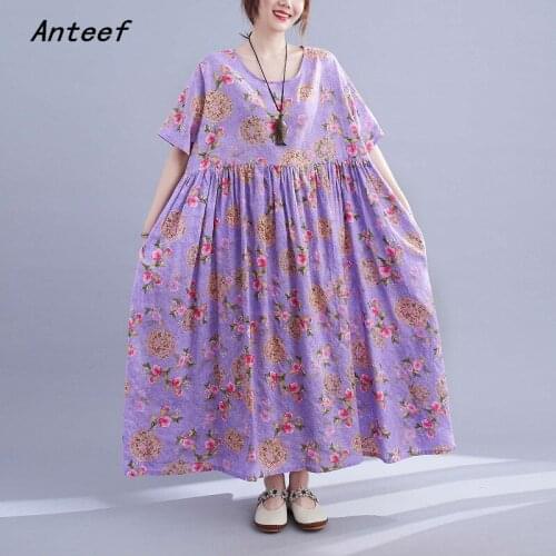 Short sleeve plus size cotton vintage floral dresses for women casual loose long woman summer dress elegant clothes 2021