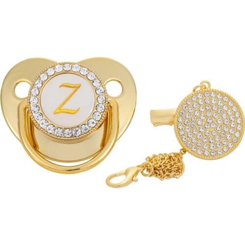 26 Name Initial Letter Baby Pacifier and Pacifier Clips BPA Free Silicone Infant Nipple Gold Bling Newborn Dummy Soother