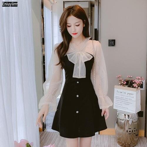 Black Sheer Bow Tie Little Black Dress Women All Autumn Long Sleeve Elegant Bling Party Fitted Short Dresses