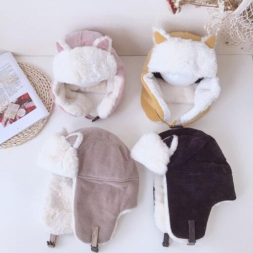 6-15 Years Childrens Winter Warm Cartoon Cat Ear Lei Feng Cap Boys and Girls Kids Hat And Scarf Set Ear Protection Gorras