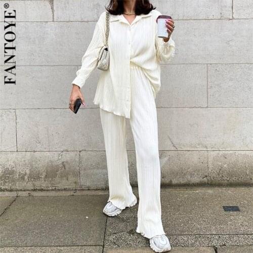 Fantoye Casual Turn-down Collar Women Two Piece Sets Beige Long Sleeve Single Breasted Sets Ladies Autumn Loose New Sportswear