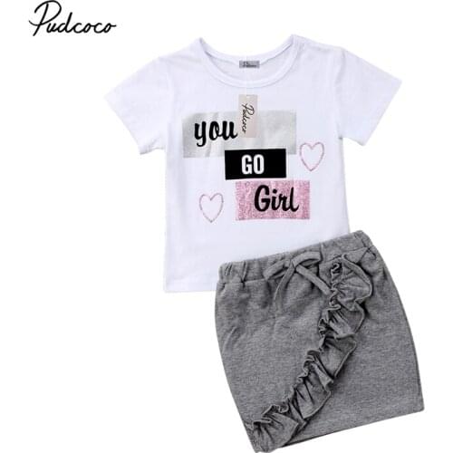 Pudcoco 2020 Summer Toddler Baby Girl Clothes Sets Letter Patchwork T-shirt Tops + Mini Ruffle Skirts 2Pcs Outfits Clothing