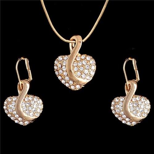 New Vintage Women Heart Rhinestone Pendant Necklace Earrings Gold Color Crystal Jewelry Set Wedding Jewelry