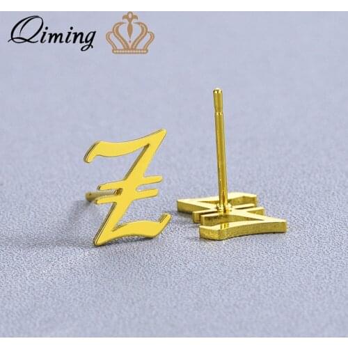 QIMING Womam Alphabet Delicate Letter Earrings Girls Lady Stainless Steel Metal Old English Stud Initial Earring Birthday Gift