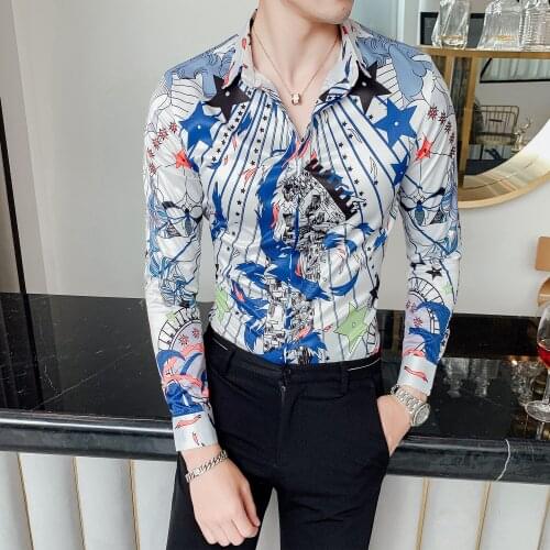 Chemise Homme Streetwear Long Sleeve Men Shirt Casual Slim Fit Camisa Masculina Shirts Men Flower Shirt Haitian Stars Printing