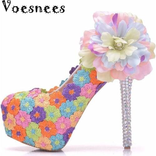 Wedding Party Shoes Flowers Bowknot High Heels 14CM Ladies Shoes Pumps Ethnic Rainbown Color Pearl Pumps Platfrom Daily Footwear