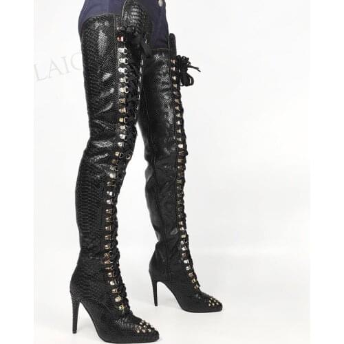 DOBANER Women Thigh High Boots Slim Lace Up Stiletto High Heels Zip Up Shoes Woman Over Knee Boots Party Club Plus Size 43 44 47