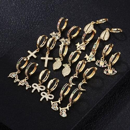 A Pair New Rainbow Moon Eyes Cross Earrings Top Quality CZ Crystal Charm Hoop Earrings For Women Girls Popular jewelry 2020