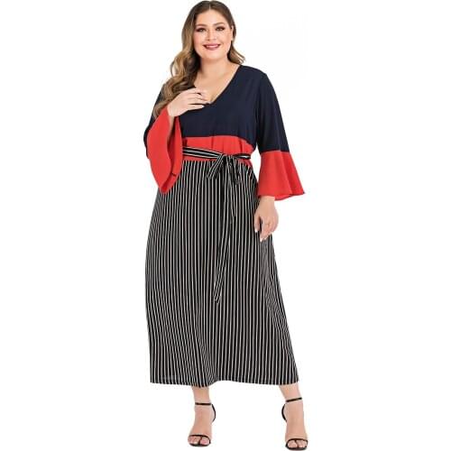 Patchwork Long Sleeve Dresses 2021 Plus Size Striped Dress V Neck Calf Length A Line Skirt Navy Blue Loose Casual Women Clothing