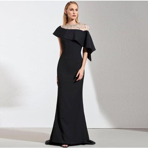 Elegant Black Mermaid Party Evening Dress 2021 Off the Shoulder Short Sleeves Sequined Beadings Long Prom Gowns