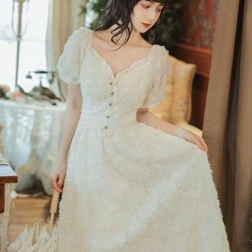 Bella Vintage Elegant Dress Women French Retro Kawaii Lace Up Sweet Dress Puff Sleeve Casual Fit Chic Party Dress Summer 2021