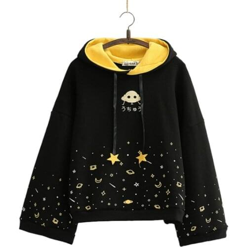 Winter Women Cartoon Embroidery Fleece Hoodies Sweatshirts Casual Flare Sleeve Tracksuits Female Hooded Pullover Warm Top
