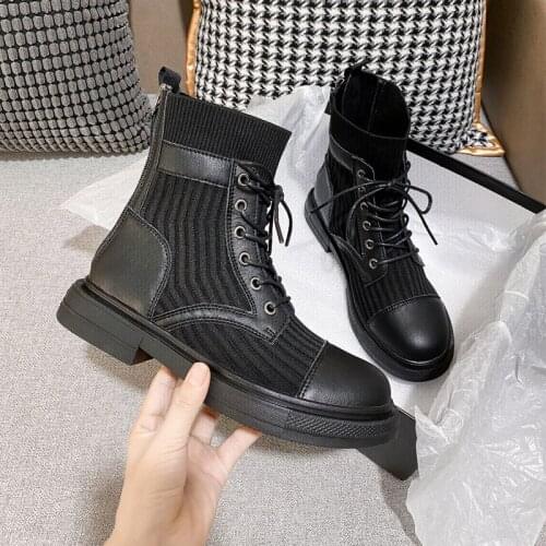 Winter Woman Fashion Sock Boots New Ankle Boots Platform Boots Womens Round Toe Shoes Women Thick Sole Boots Black Q10-46