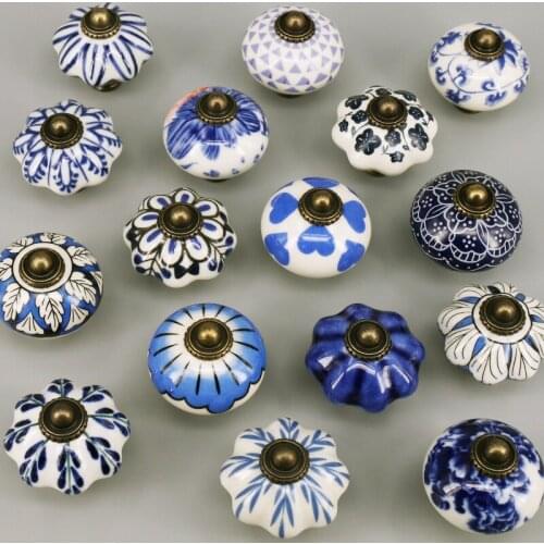 1pcs Vintage Drawer Knob Blue & White Porcelain Handle Cabinet Cupboard Door Pull Kid Room Decor Creative Relief Knobs