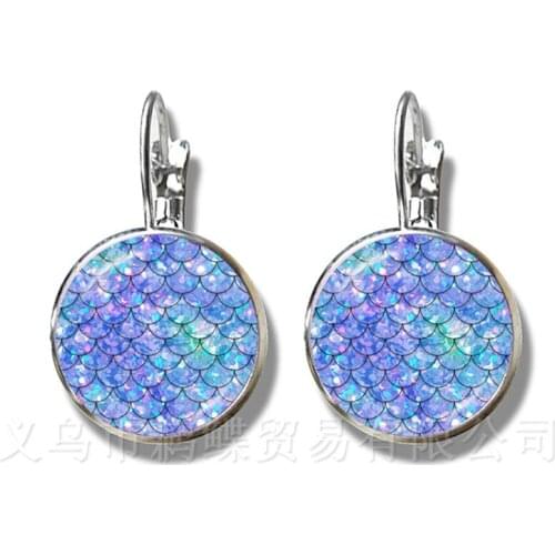 2018 New 16mm Glass Cabochon Maxi Silver Plated Stud Earrings Gift For Women Girls Kids Rainbow Scales Mermaid
